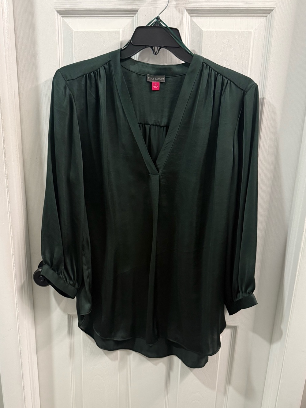Vince Camuto Dark Green Satin V-Neck Blouse